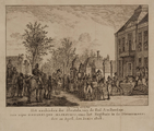 1769 Het aanbieden der sleutels, van de stad Amsterdam aan zijne koninklijke majesteit, voor het regthuis in de ...