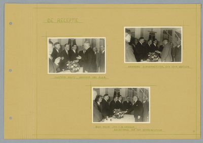 6-0012 De receptie; Arnhems burgemeester, den heer Matser; pastoor Metz, adviseur der K.A.B.; den Joh. F.M. Grasso, ...