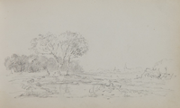 89.03-0039 Landschap met bomen, bosrand, huis en dorp op de achtergrond, 1850-1860