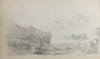 89.03-0067 Boot in rivier tussen de bergen, mensen op de oever, 1850-1860
