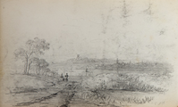 89.03-0070 Twee mensen in landschap met bebouwing op de achtergrond, 1850-1860