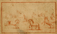 115 Rode krijttekening door Johan Petersen Grolman van paarden en paardendresseurs, [ca. 1805, na 1850]