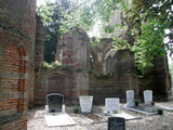 5818 graven op begraafplaats bij ruïnekerk voor voormalige muur van het schip ruïnekerk Ammerzoden, 22-07-2010