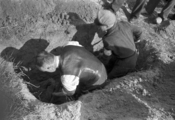 19 Het opgraven van de stoffelijke resten van de Britse Corporal Bernard S. Atkinson, van het 1st (Airborne) Battalion, ...