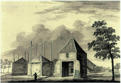 26176 Gezicht op het poortgebouw van kasteel Blikkenburg te Zeist met links twee hooibergen.