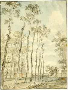 200387 Gezicht op de weg langs een water met links achter de bomen een herberg.