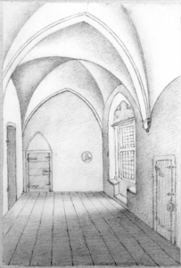 37644 Gezicht in de gewelfde gang boven de zuidelijke zijbeuk van de kapel van het St.-Hieronymushuis aan de Kromme ...