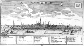 36161 Profiel van de stad Utrecht uit het westen gezien, met onder de afbeelding een opsomming van de afgebeelde ...