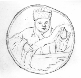 37647 Afbeelding van een medaillon van een schoorsteenfries, ingemetseld in de oostelijke wand van de gewelfde gang ...