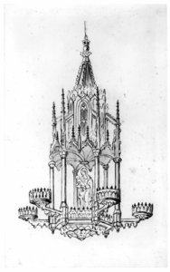 37008 Afbeelding van een loden gotische lichtkroon met een beeld van Maria met kind, afkomstig uit een van de ...