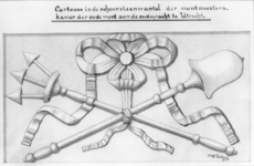 37801 Afbeeldingen van het cartouche in de schoorsteenmantel van de muntmeesterskamer aan de Oudegracht te Utrecht.