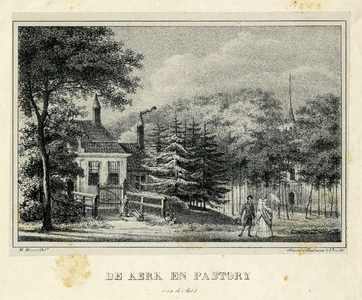 200411 Gezicht over de pastorie van De Bilt met tussen de bomen rechts de Nederlands Hervormde kerk.01-01-1828-31-12-1829