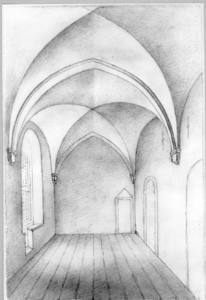 37645 Gezicht in de gewelfde gang boven de zuidelijke zijbeuk van de kapel van het St.-Hieronymushuis aan de Kromme ...