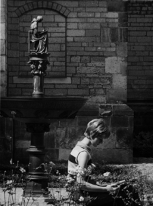 82565 Gezicht op de fontein in de kruisgang van de Domkerk (Domplein) te Utrecht, met het beeld van de kanunnik Hugo ...