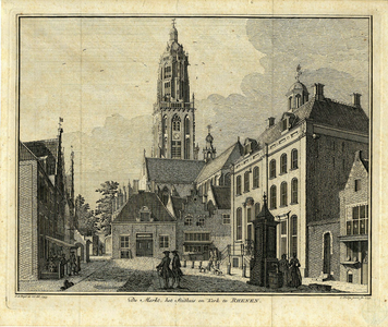 200113 Gezicht op de Markt te Rhenen met de pomp en de voor- en zijgevel van het stadhuis en op de achtergrond de ...