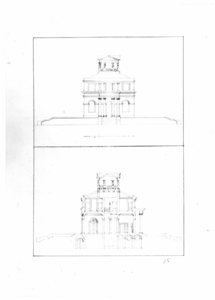 135136 Opstand van de voorgevel (boven) en doorsnede (onder) van een gebouw van twee verdiepingen met een dakopbouw.