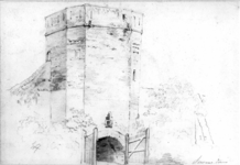 36553 Afbeelding van de landzijde van de toren op het St.-Servaashek met het dubbele hek voor de uitmonding van de ...