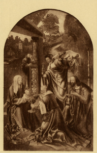 121493 Afbeelding van het in 1518 door Jacob Cornelisz. van Oostzanen vervaardigde schilderij Aanbidding der koningen , ...