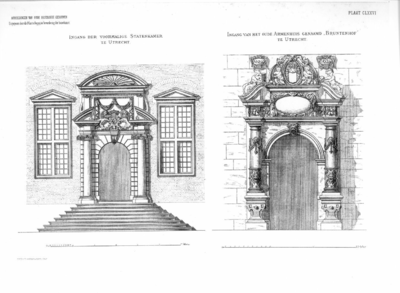31305 Links: afbeelding van de hoofdpoort van de Statenkamer aan het Janskerkhof te Utrecht.Rechts: afbeelding van de ...