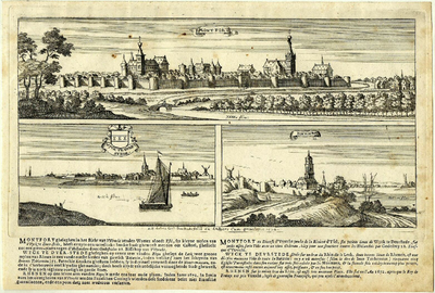 200240 Boven: Gezicht op de ommuurde stad Montfoort met links het kasteel en rechts de Janskerk, uit het noorden.Onder ...
