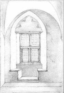 37646 Gezicht op een venster in de gewelfde gang boven de zuidelijke zijbeuk van de kapel van het St.-Hieronymushuis ...