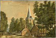 200733 Gezicht in het dorp Maartensdijk met op de achtergrond de toren van de Nederlands Hervormde kerk.