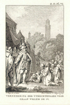 38678 Afbeelding van graaf Willem IV van Holland voor een legertent met een aantal geknielde mannen in onderhemd.