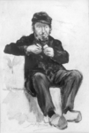 31730 Portret van een zittende man met een pet en klompen.