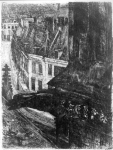 36987 Gezicht op een luchtboogstoel met een waterspuwer aan het koor van de Domkerk te Utrecht met daarachter de huizen ...