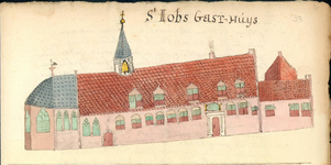 38322 Afbeelding van de voorgevel en de kapel van het St.-Jobsgasthuis te Utrecht.