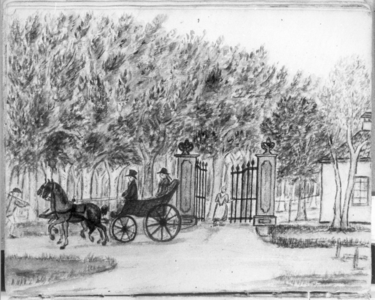 38022 Gezicht op - vermoedelijk - het toegangshek met het poortwachtershuisje van de buitenplaats Nieuw Amelisweerd aan ...