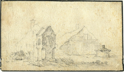 200420 Gezicht op het St. Petronellakapelletje te De Bilt met op de achtergrond twee huizen.