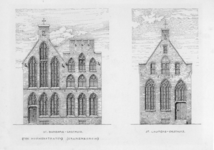 31562 Links: afbeelding van de voorgevels van de huizen Ter Hogerstraten en Kranenburg, samen het St. Barbaragasthuis, ...