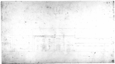 135139 Opstand van een gevel met drieledige boogvensters.