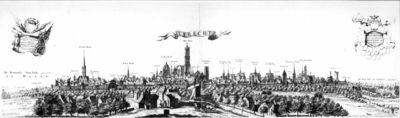 28383 Profiel van de stad Utrecht uit het westen gezien, van Bemuurde Weerd tot en met Tolsteeg. Met linksboven een ...
