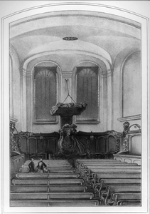 35884 Interieur van het kerkgebouw van de Doopsgezinde Gemeente aan de Oudegracht te Utrecht: de kerkzaal met de banken ...