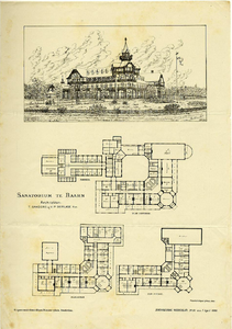 200406 Gezicht op het sanatorium te Baarn (Julianalaan 4). Met plattegrond van de begane grond en de eerste en tweede ...