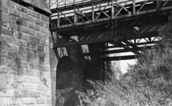 158056 Gezicht op het zuidelijke landhoofd van de tijdens de oorlog vernielde spoorbrug over de Rijn bij Oosterbeek.