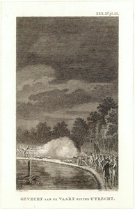 38717 Afbeelding van het gevecht aan de Vaartsche Rijn bij Vreeswijk: de Utrechtse troepen schieten op de vijand die op ...