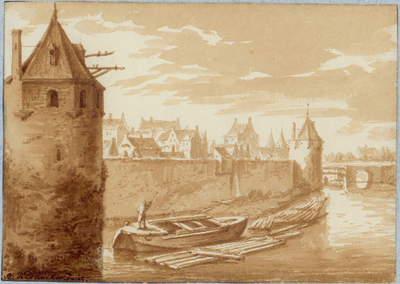 36743 Gezicht over de stadsbuitengracht op de stadswal te Utrecht uit het noordoosten, met links de toren de Leeuw en ...