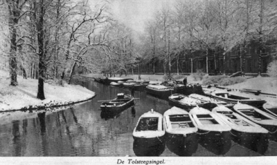 83355 Gezicht op de dekschuiten in de Stadsbuitengracht en het plantsoen ter hoogte van Manenburg te Utrecht; met ...