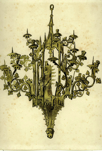 37358 Afbeelding van een koperen gotische lichtkroon met een beeld van Maria met kind en beelden van de 12 apostelen, ...