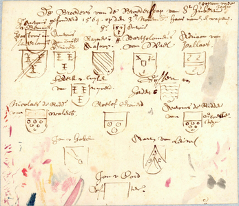 39310 Afbeelding van de indeling van een wapenbord van de leden van de St. Hubertus broederschap in de Nicolaikerk te ...