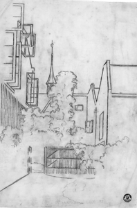 35361 Gezicht vanuit de tuin naast het huis Gaarde (Hamburgerstraat 20) te Utrecht (links), over de plaats naar het ...