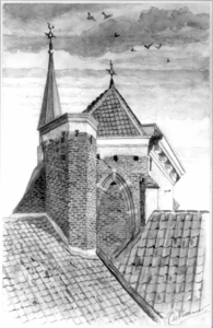 31261 Gezicht op de koorsluiting en het traptorentje van de kerk van het St.-Hieronymushuis aan de Kromme Nieuwegracht ...