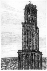 37105 Gezicht op de Domtoren te Utrecht vanaf de Domkerk, uit het oosten, in spiegelbeeld.01-01-1890-31-12-1910