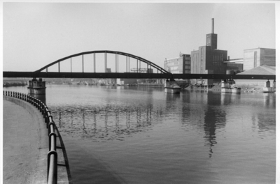 155296 Gezicht in de spoorbrug over de Maas bij de Boschpoort te Maastricht.