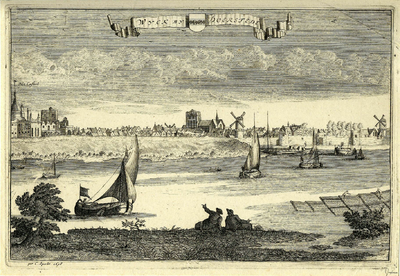 200154 Gezicht over de Lek op Wijk bij Duurstede met links het kasteel Duurstede, uit het oosten.01-01-1650-31-12-1698