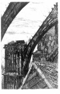 36984 Gezicht op twee luchtbogen van het koor van de Domkerk te Utrecht, in spiegelbeeld.01-01-1890-31-12-1910