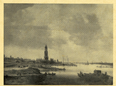 6286 Gezicht op de Rijn bij Rhenen met de Cuneratoren uit het westen, met op de voorgrond de veerpont.01-01-1630-31-12-1650